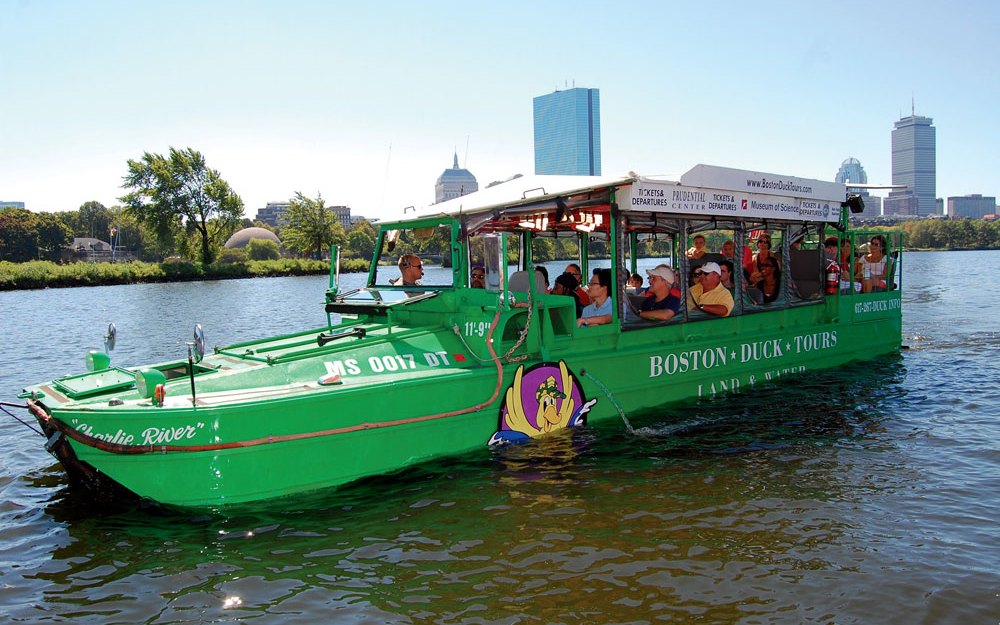 Boston Duck Boat Tour on the water with the city skyline