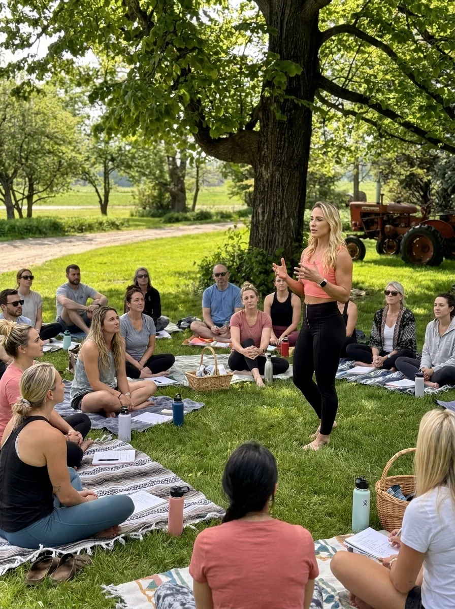 A facilitator leading a workshop outside on the farm