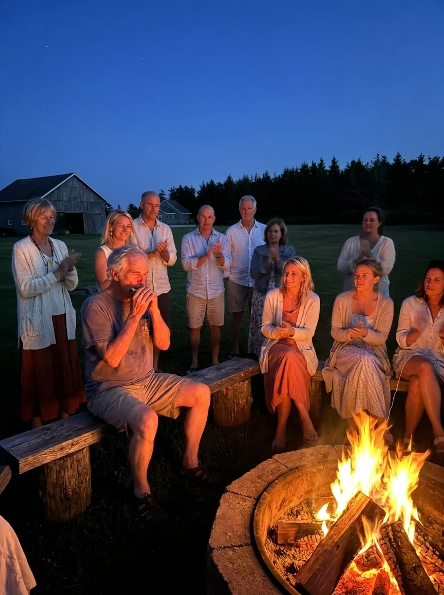 Fireside music and storytelling during a farm gathering
