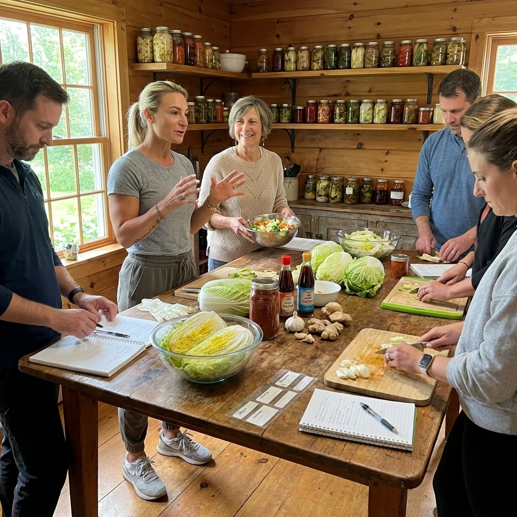 Guests learning kimchi and fermentation techniques together